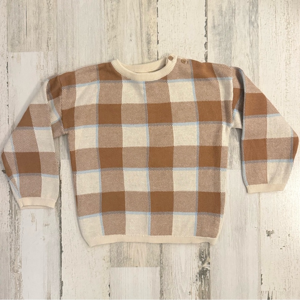 H&M Kids Plaid/Checked Crewneck Sweater in Cream, Brown and Light Blue